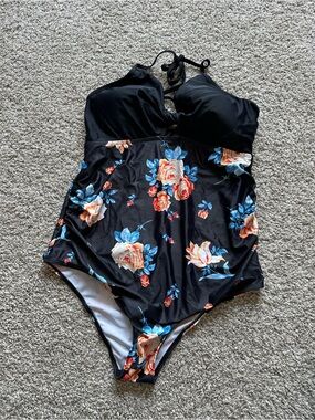 C&C California Black One-Piece Swimsuit with Blue and Peach Floral Print